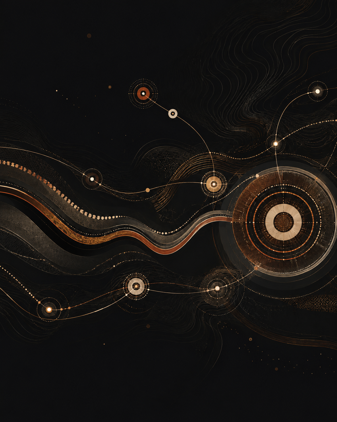 Abstract digital artwork featuring connected circular forms, flowing pathways and warm earth-toned details on a dark background.